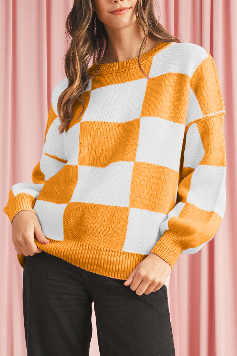 Orange & White Plaid Exposed Seam Bishop Sleeve Sweater