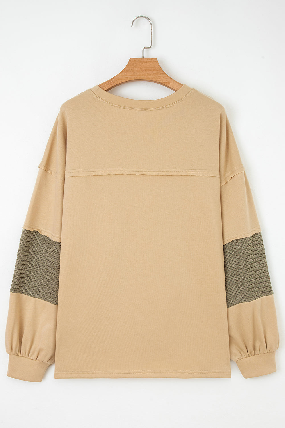 Laurel Green Exposed Seam Contrast Texture Patchwork Plus Size Drop Shoulder Pullover