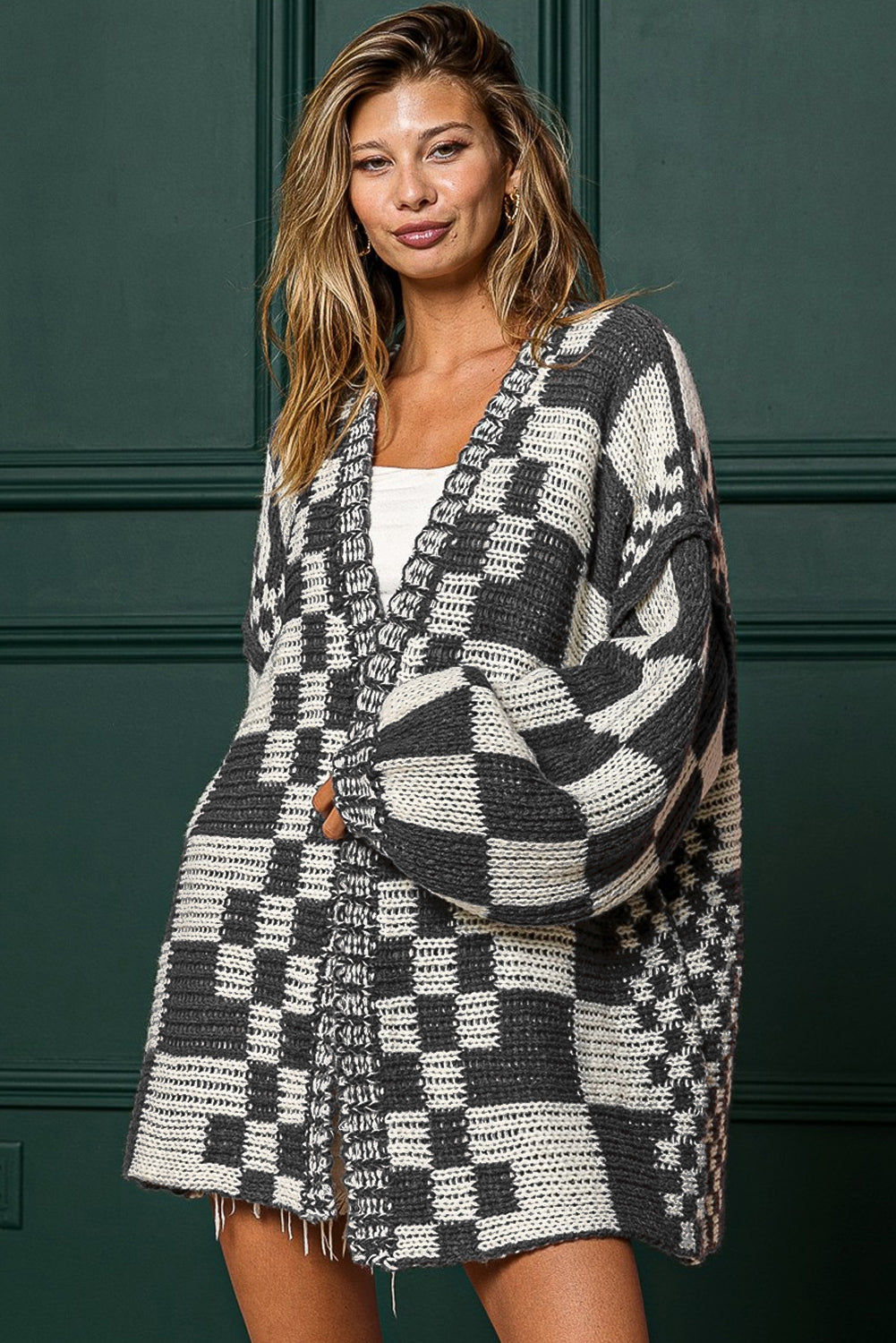 Dark Grey Colorblock Checked Loose Fit Open Front Knitted Cardigan