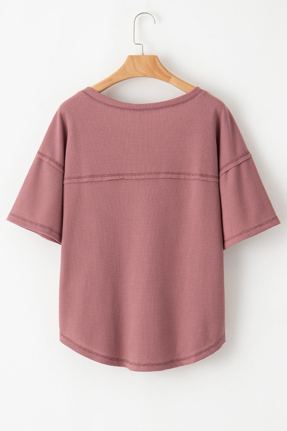 Rose Exposed Seam Drop Sleeve V Neck Waffle Textured Top