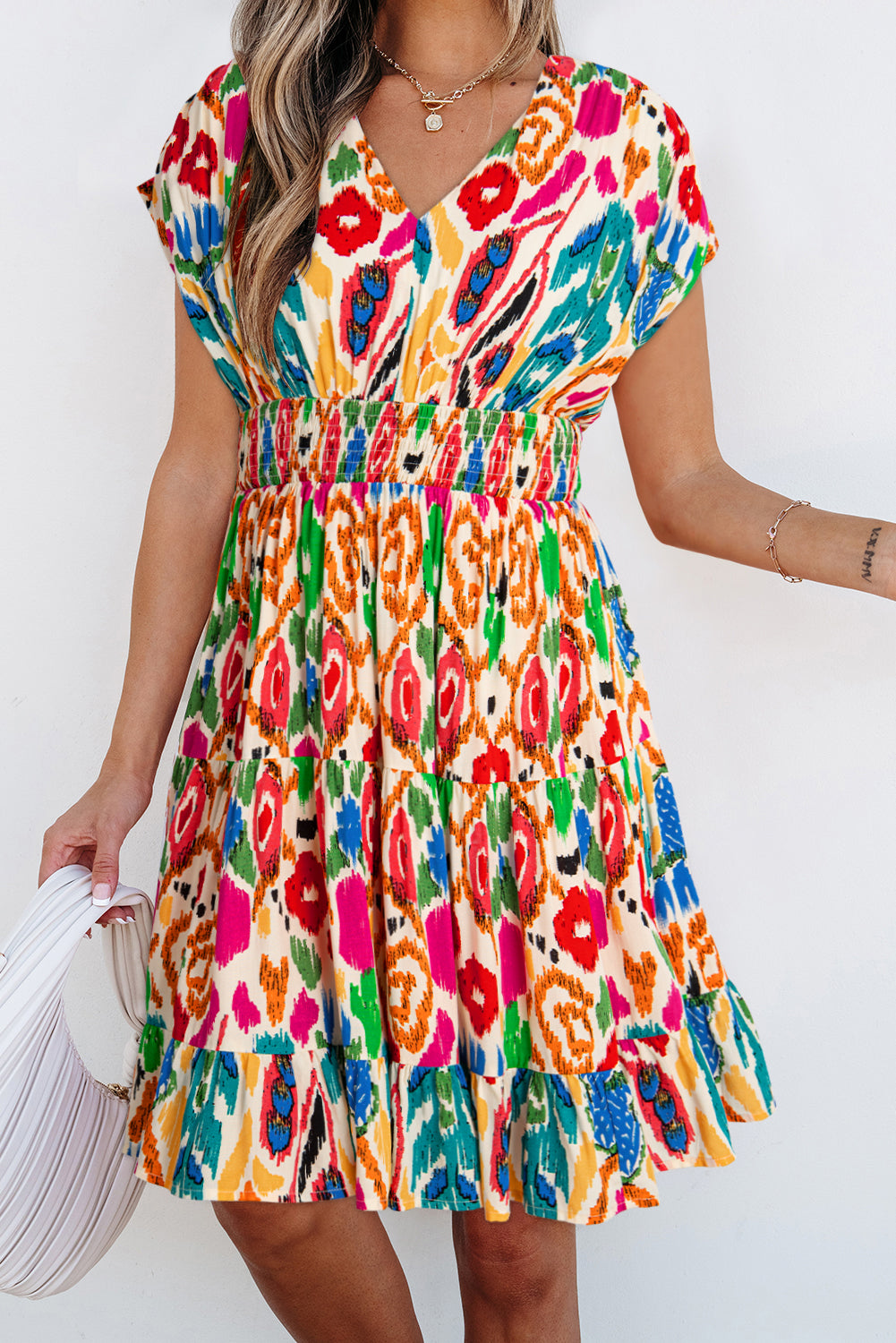 Sky Blue Abstract Print V Neck Dolman Sleeve Ruffle Tiered Mini Dress