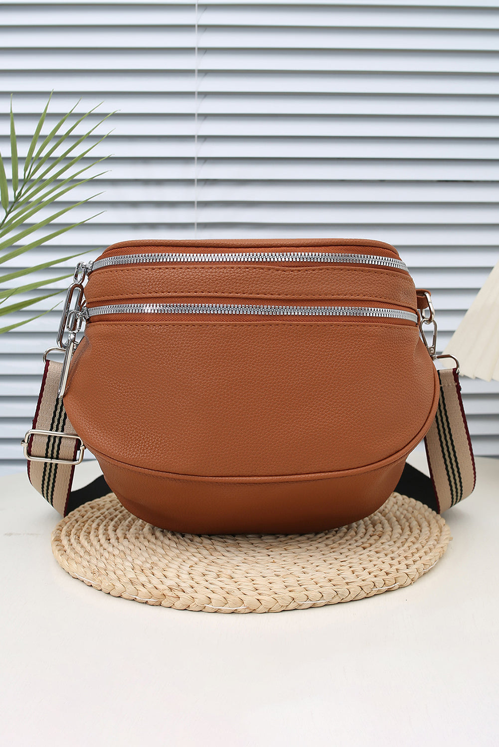 Chestnut PU Leather Zipper Crossbody Bag