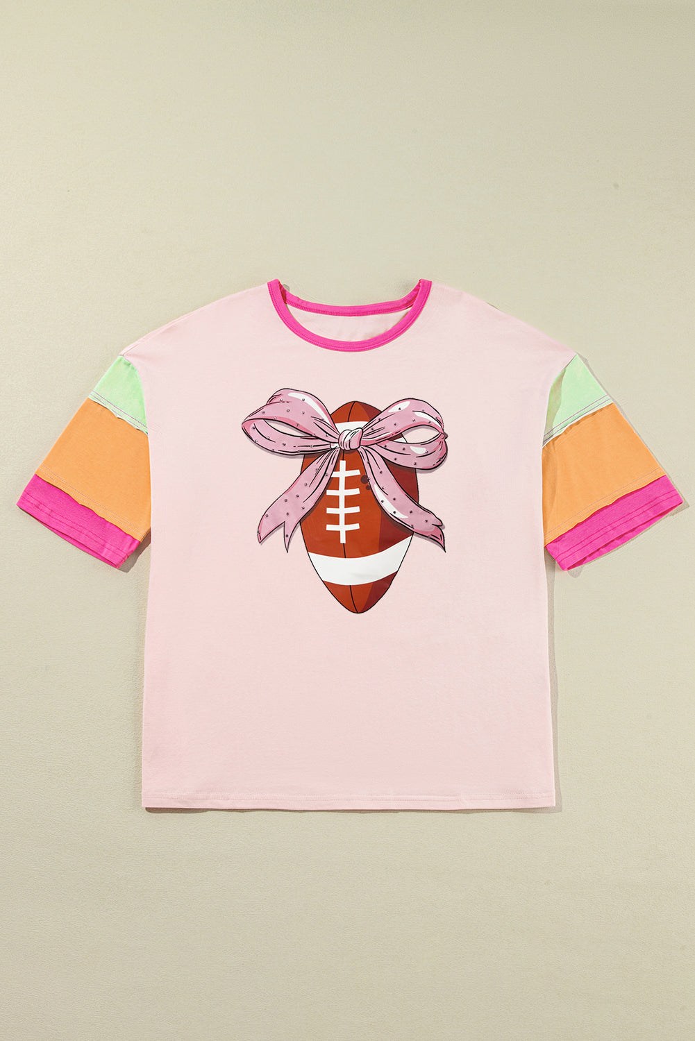 Pink Colorblock Sleeve Rhinestone Bow Football Print T Shirt