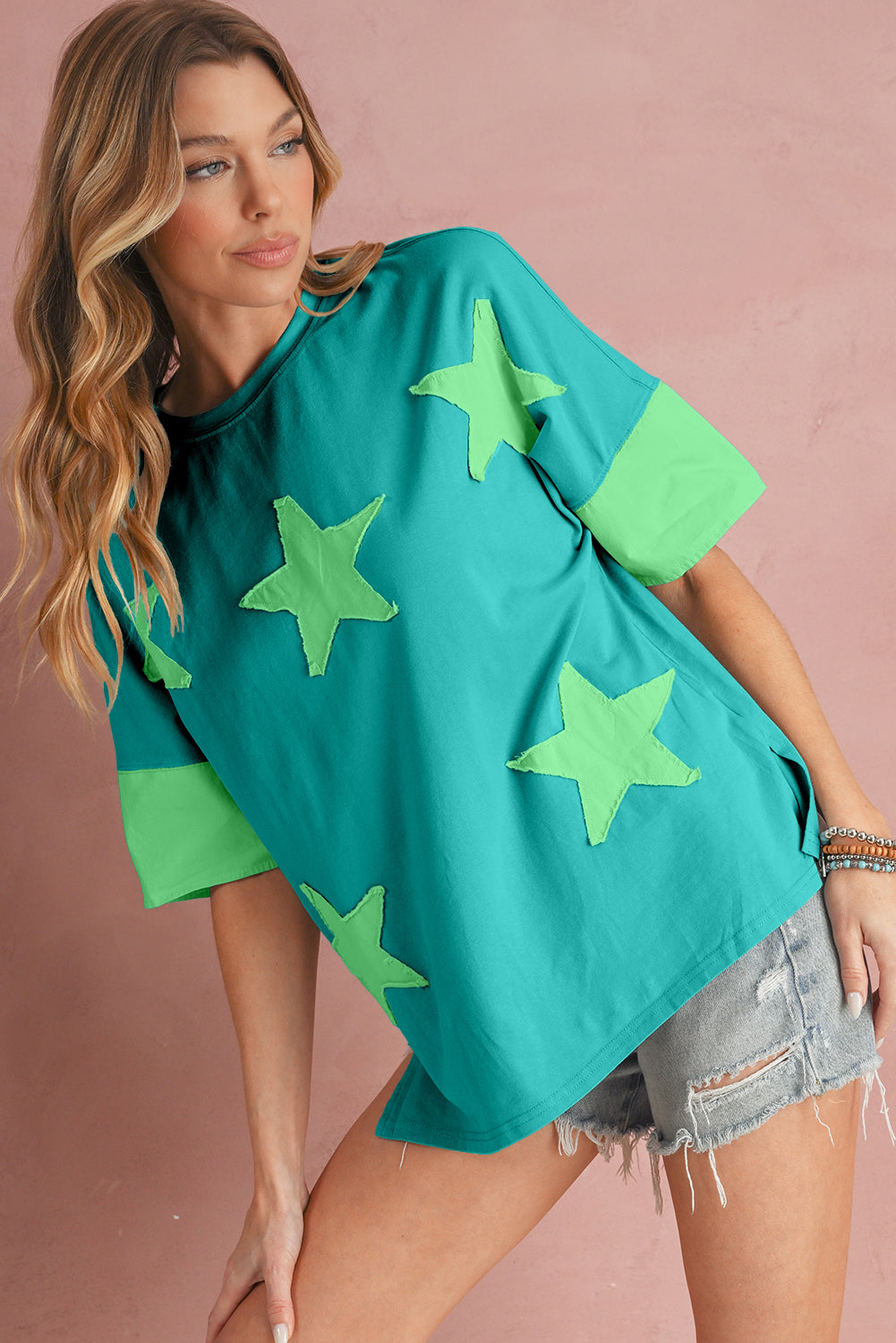 Aruba Blue Frayed Star Patched 4th of July Oversize T Shirt