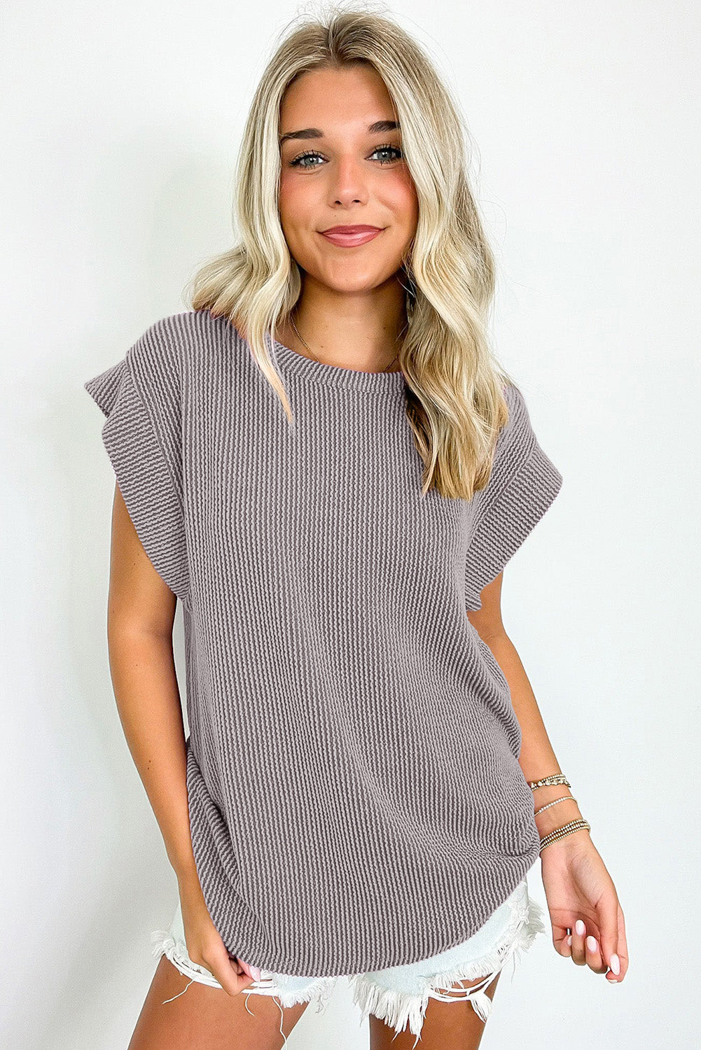 Gray Twisted Ribbed Textured Plain T Shirt