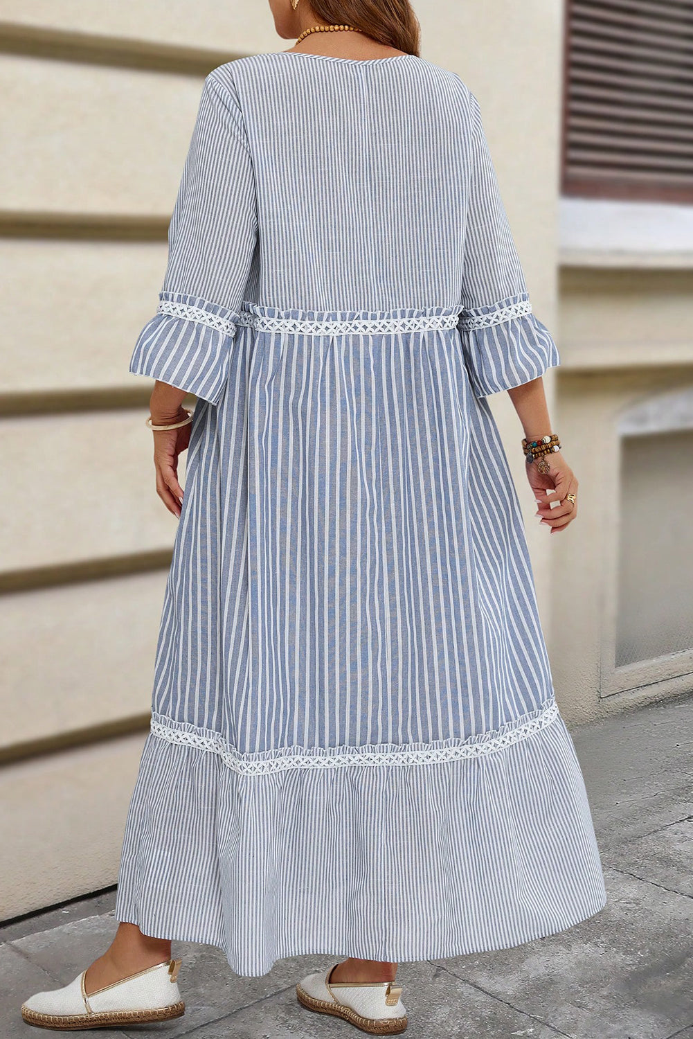 Sky Blue Crisscross Lace Detail Mixed Striped Patchwork Plus Size Dress