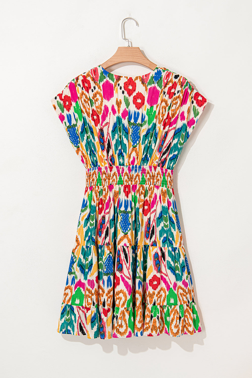 Sky Blue Abstract Print V Neck Dolman Sleeve Ruffle Tiered Mini Dress