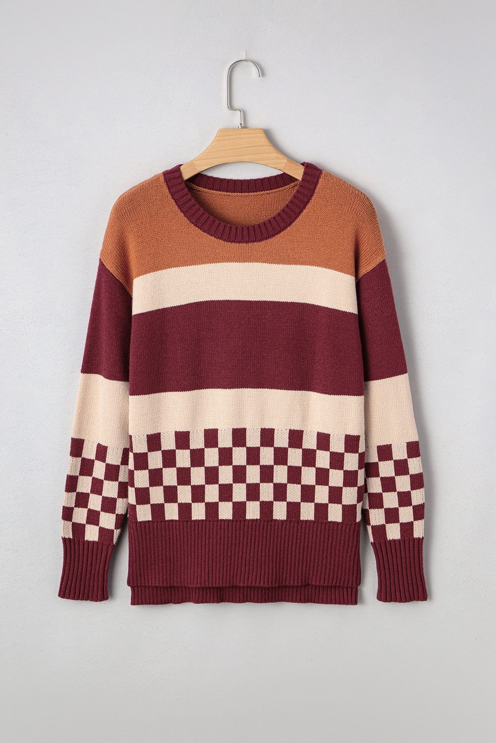 Brown Checkered Colorblock Knitted Drop Shoulder Sweater