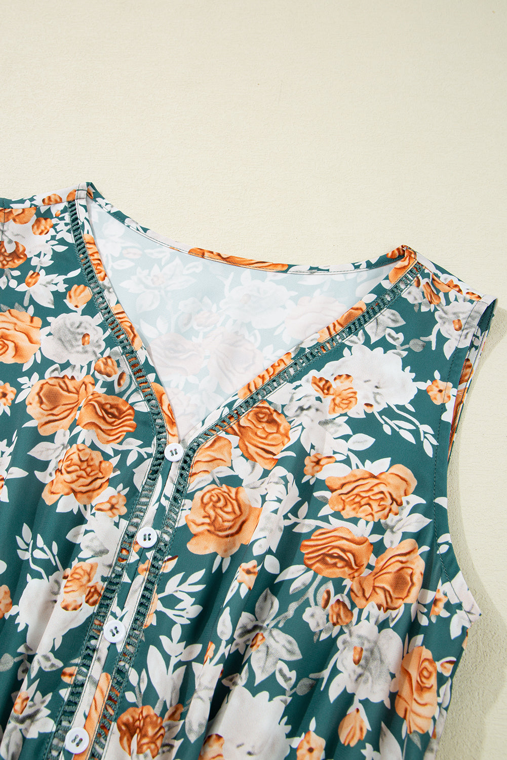 Green Floral Print Trimmed V Neck Sleeveless Vacation Dress