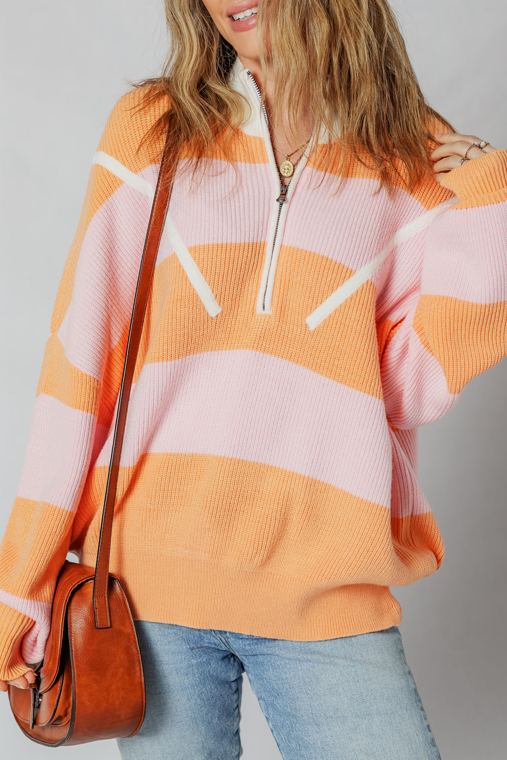Orange Stripe Half Zip Collar Loose Sweater