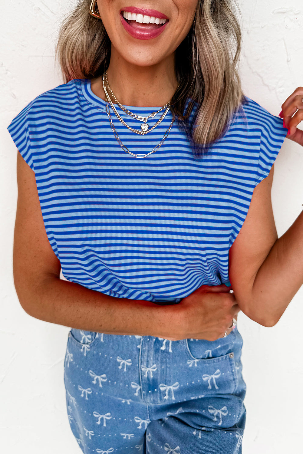 Sky Blue Stripe Ribbed Cap Sleeve Round Neck T Shirt