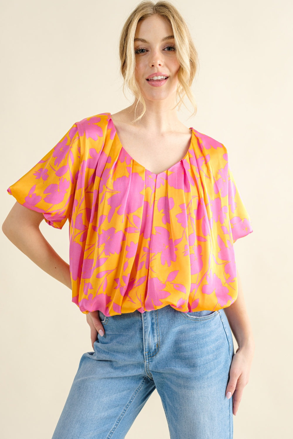 And The Why Full Size Printed Satin Bubble Hem Top-0
