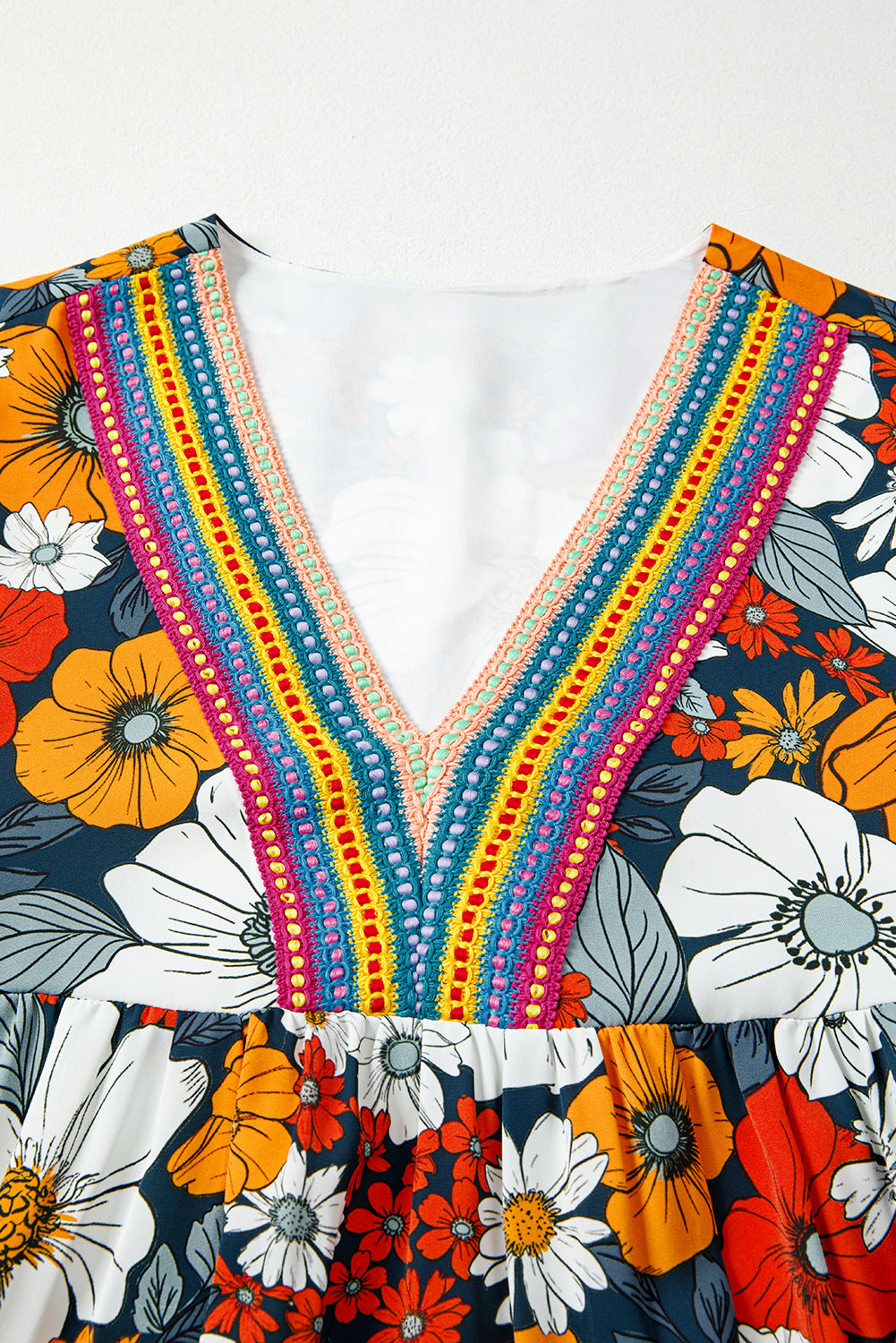 Orange Floral Print Striped Lace V Neck Long Sleeve Mini Dress