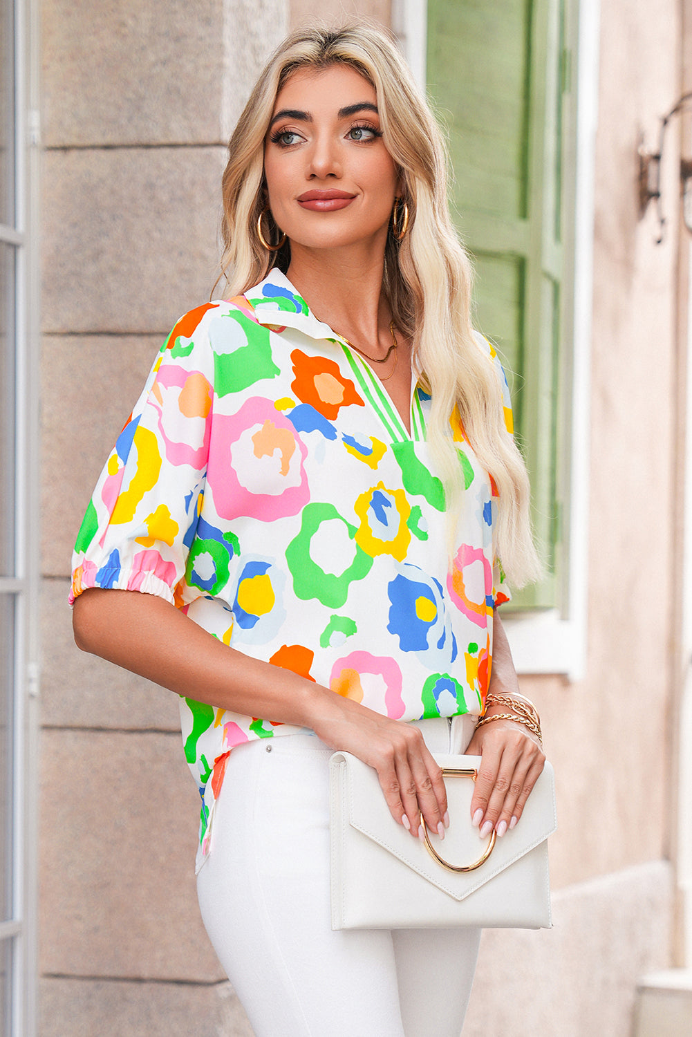 Green Abstract Leopard Short Sleeve Pop of Color Neckline Blouse