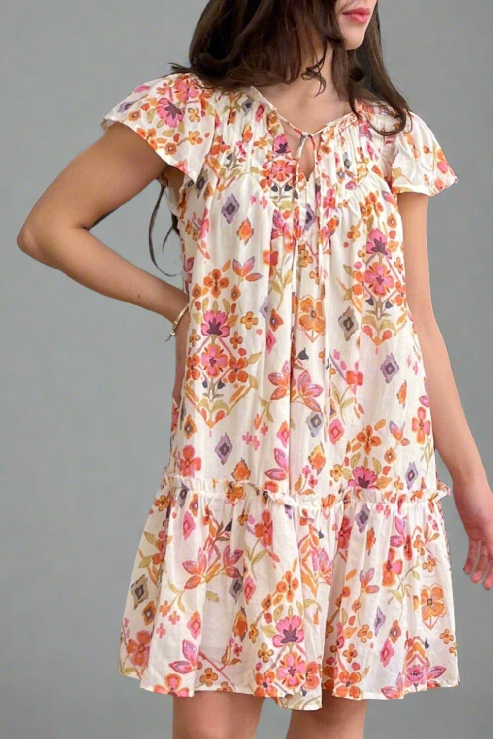 Apricot Floral Print Ruffled Trim Flutter Sleeve Mini Dress