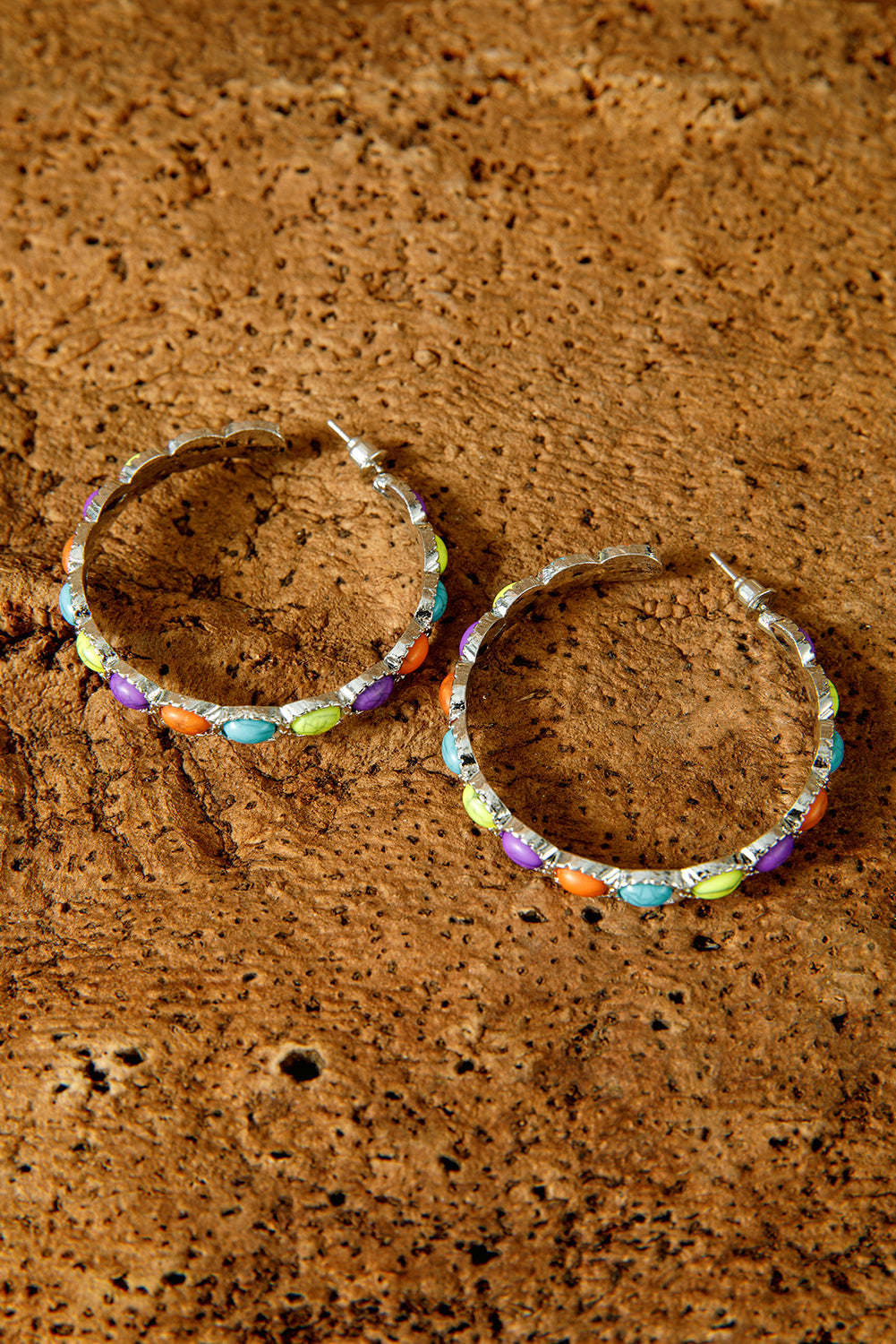 Silvery Boho Turquoise Beaded Hoop Earrings