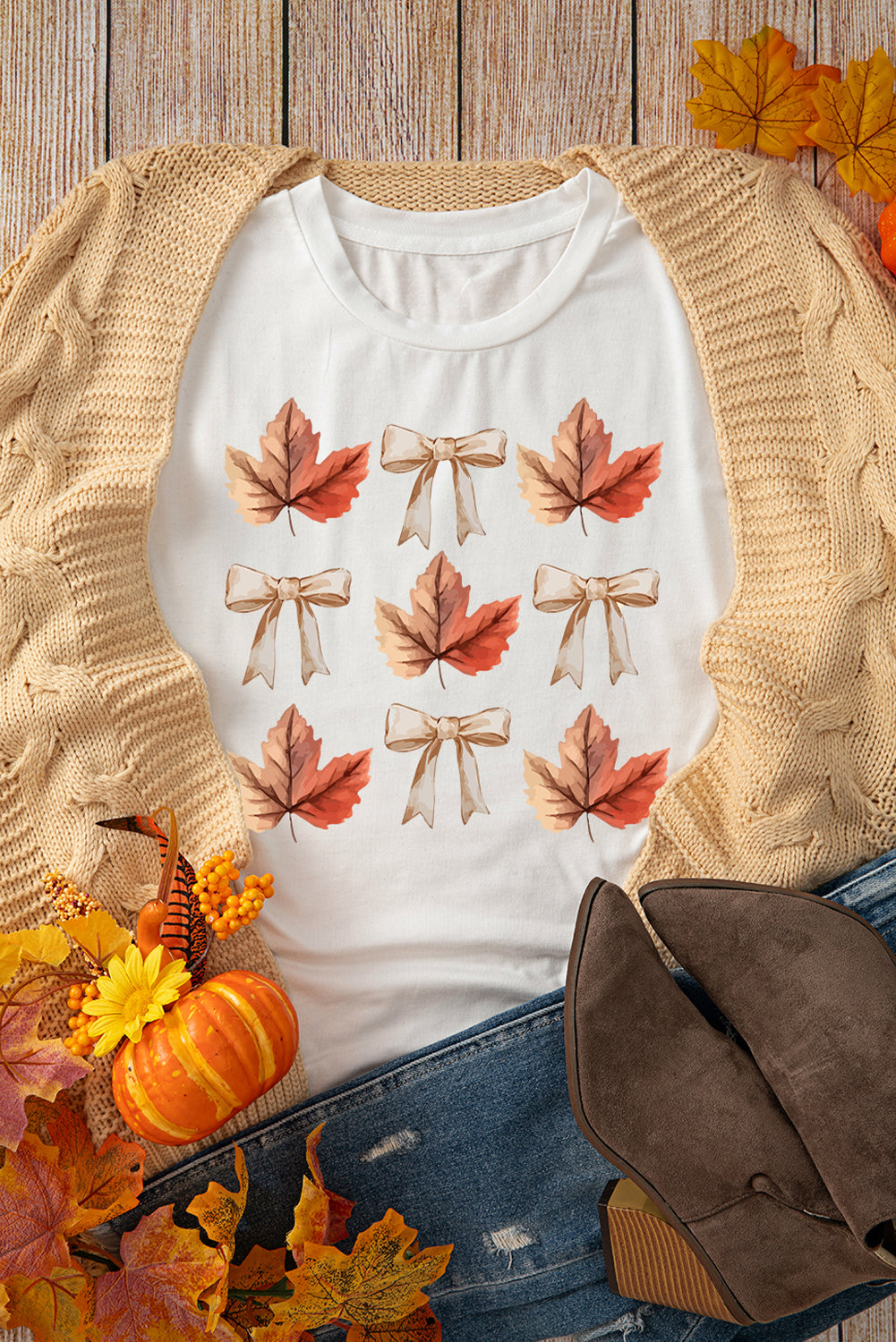 White Fall Leaf Bow Print Fashion T Shirt