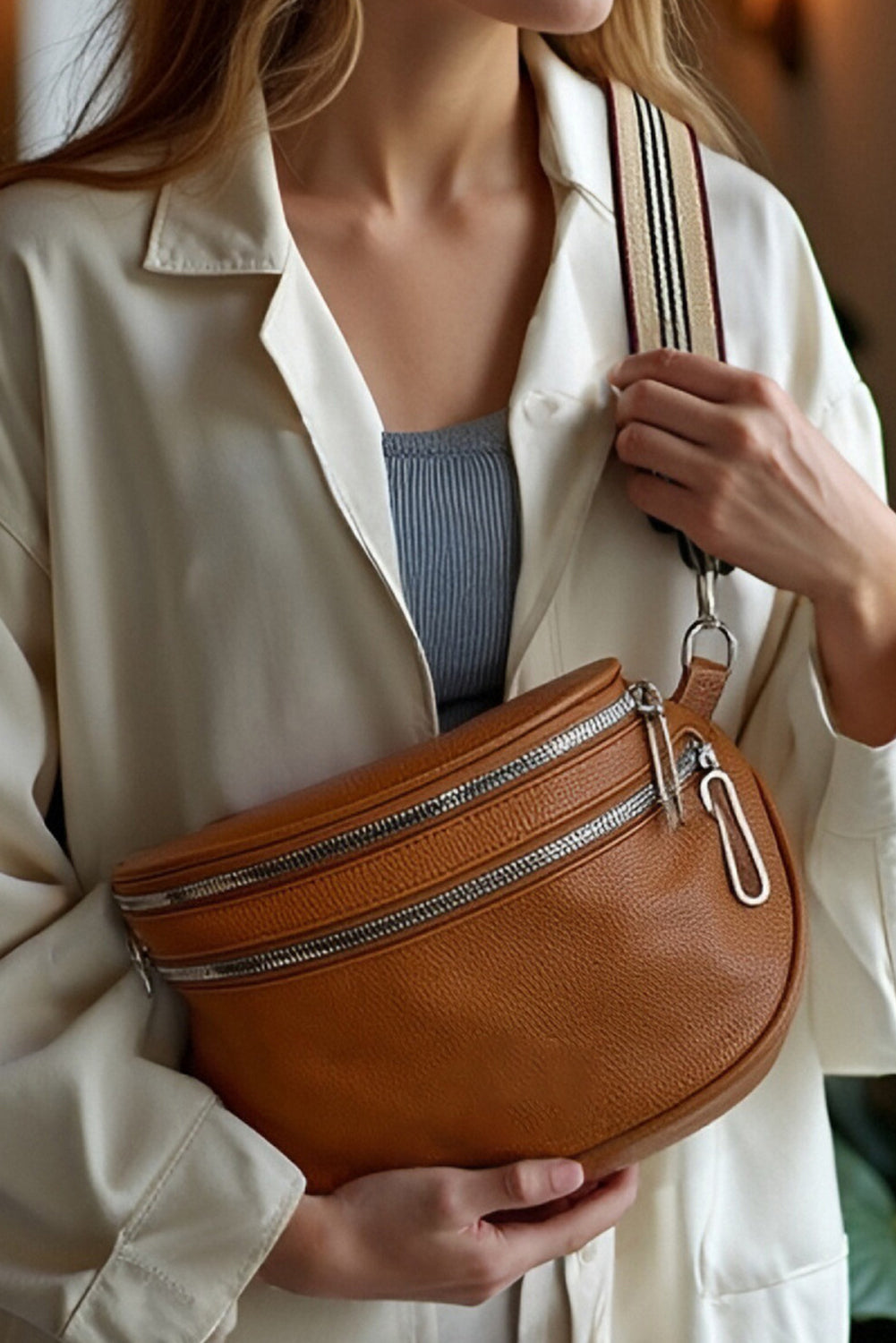 Chestnut PU Leather Zipper Crossbody Bag