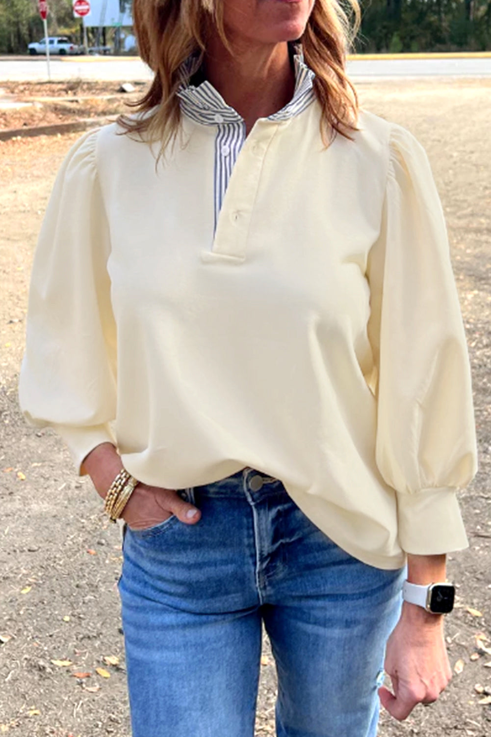 White Striped Ruffle Button Neck Pullover Sweatshirt