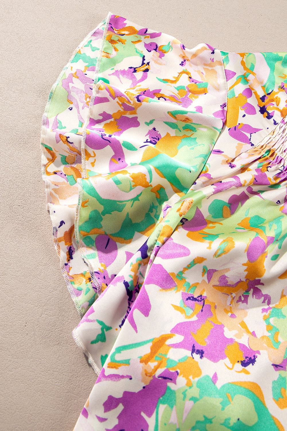 Purple Abstract Print Ruffled Short Sleeve Notched Neck Blouse