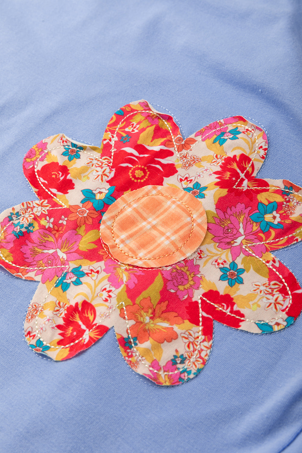 Sky Blue Flower Patched Exposed Stitching Trim Loose Tee