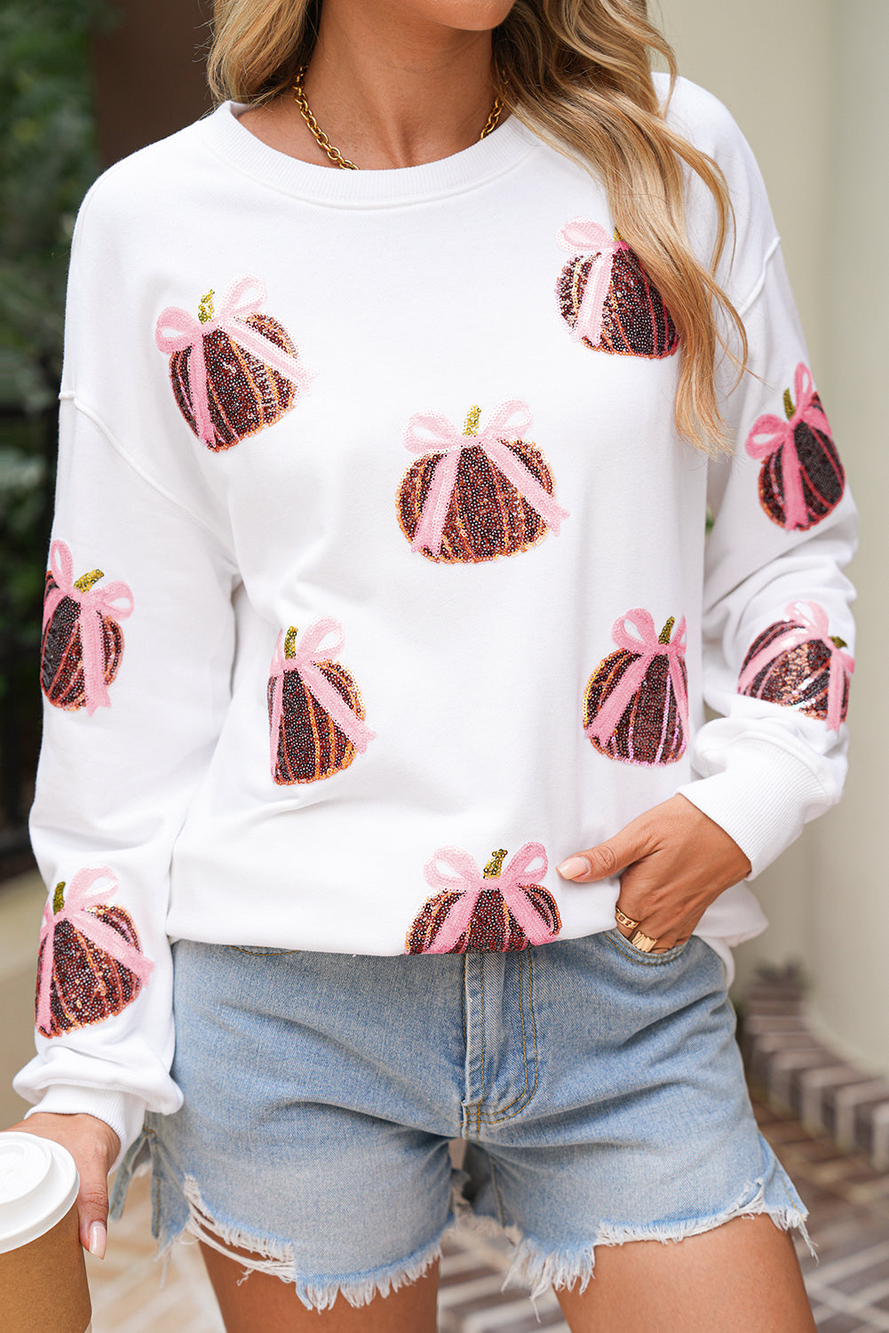White Sequin Bow Pumpkin Patched Cotton Baggy Sweatshirt