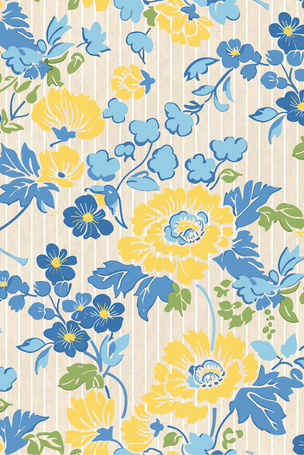 Blue Floral Print Striped Trim Puff Sleeve Mini Dress