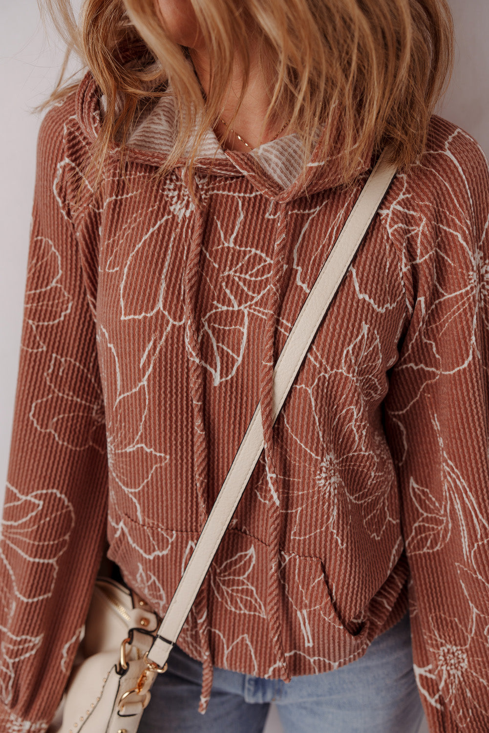 Brown Floral Twisted Rib Drawstring Kangaroo Pocket Hooded Top