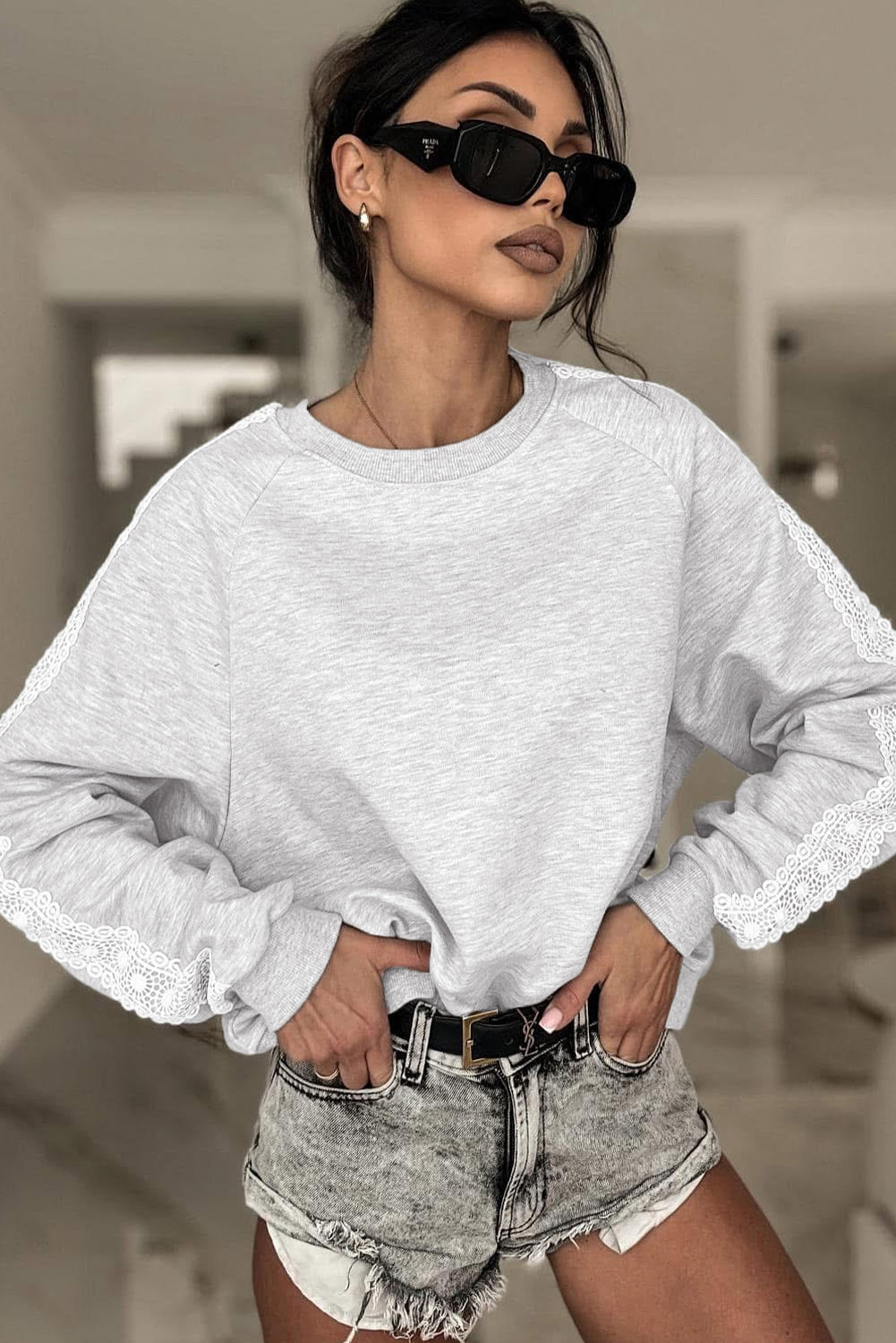 Light Grey Lace Applique Raglan Sleeve Crew Neck Sweatshirt