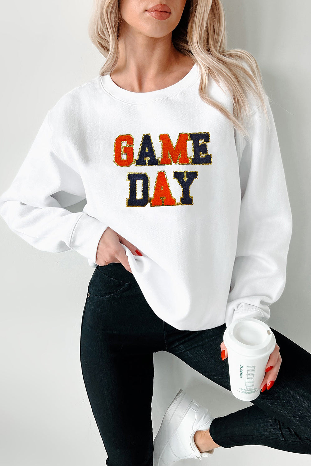 White Chenille GAME DAY Letter Round Neck Sweatshirt