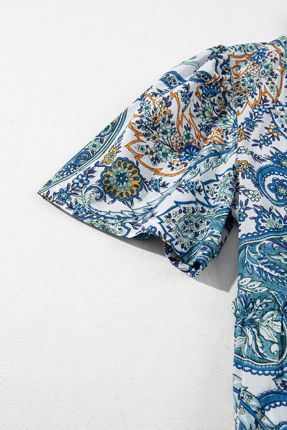 Blue Bohemian Paisley Floral V Neck Puff Sleeve Mini Dress