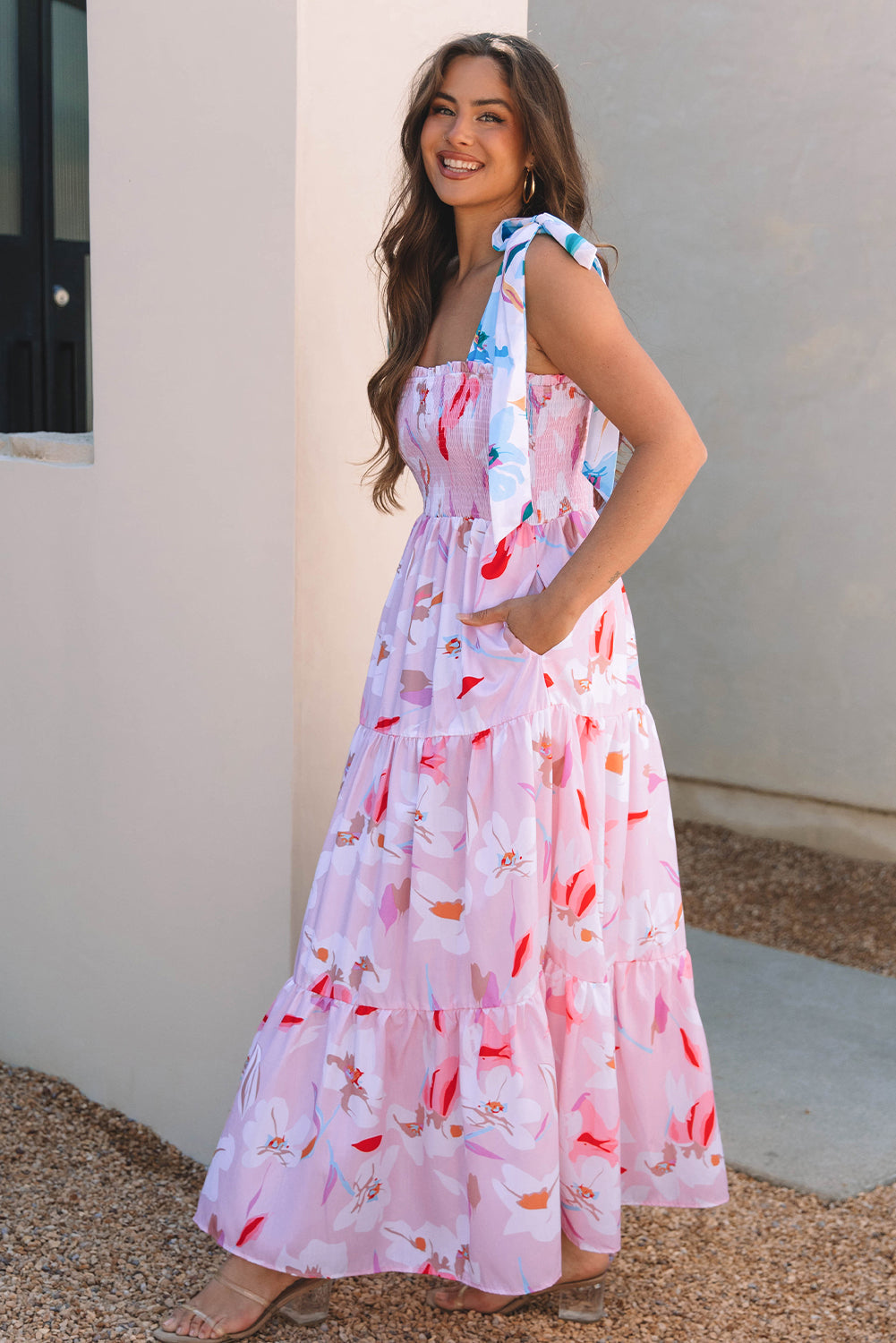 Flora Floral Knotted Shoulder Smocked Maxi Dress-2