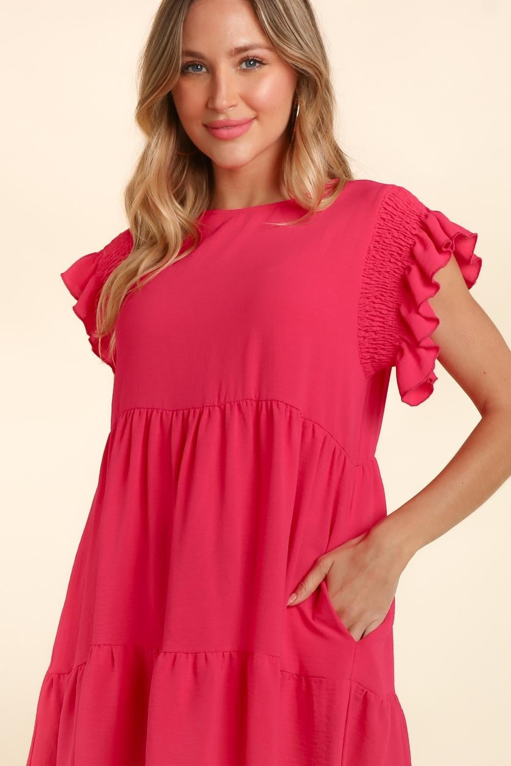 Haptics Full Size Smocking Ruffle Short Sleeve Dress with Pockets-2