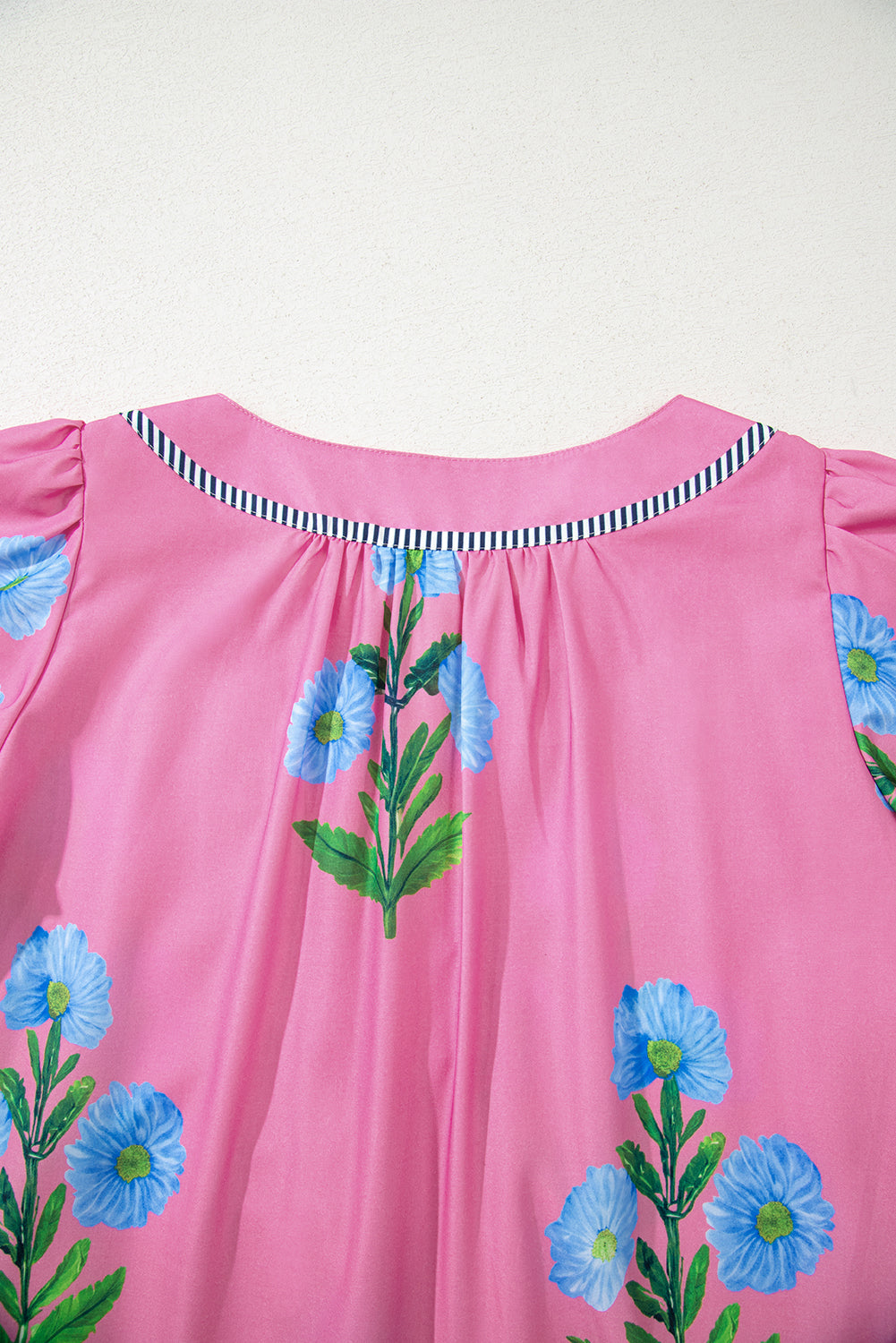 Rose Striped Trim Short Sleeve Split Neck Floral Mini Dress