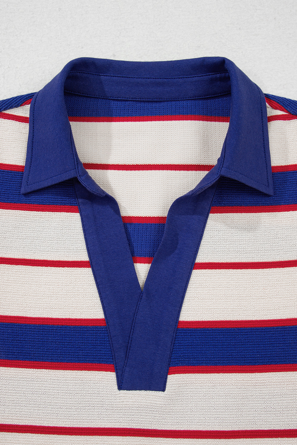 Blue Stripe Colorblock V Neck Collared Sweatshirt