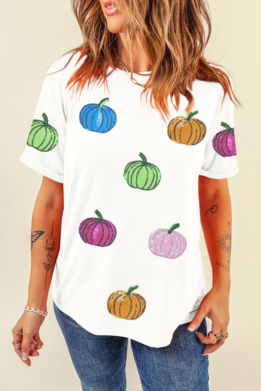 White Sequin Pumpkin Patched Cotton Blend T Shirt