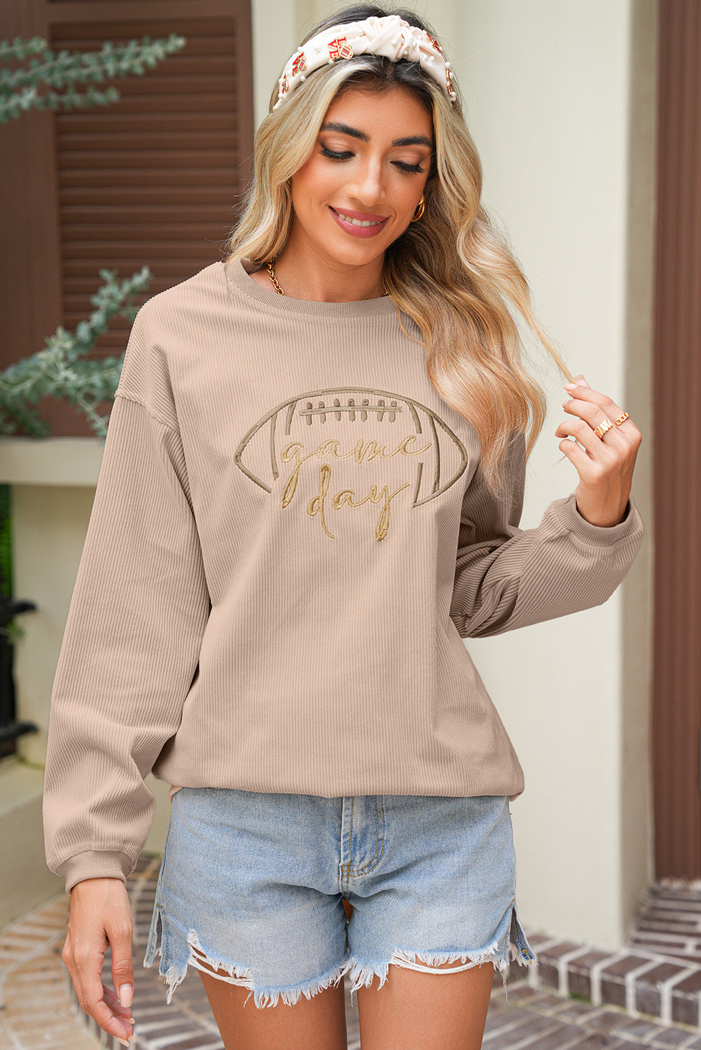 Apricot Football Graphic Drop Shoulder Game Day Corded Sweatshirt