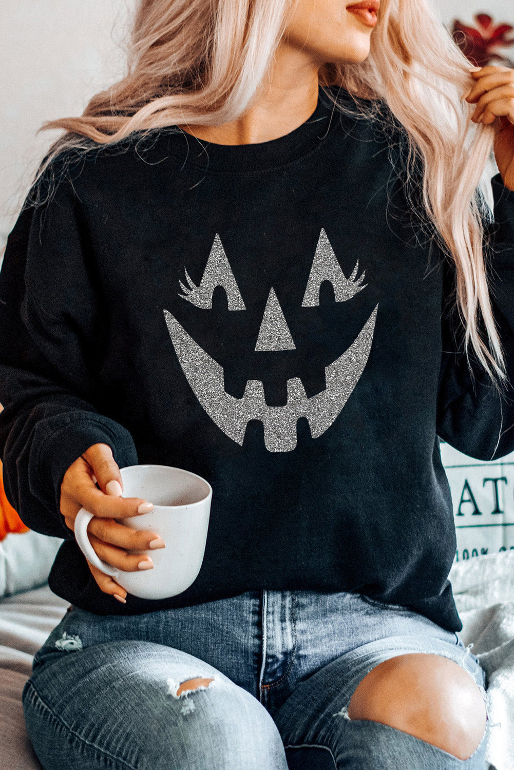 Black Spooky Halloween Graphic Baggy Sweatshirt