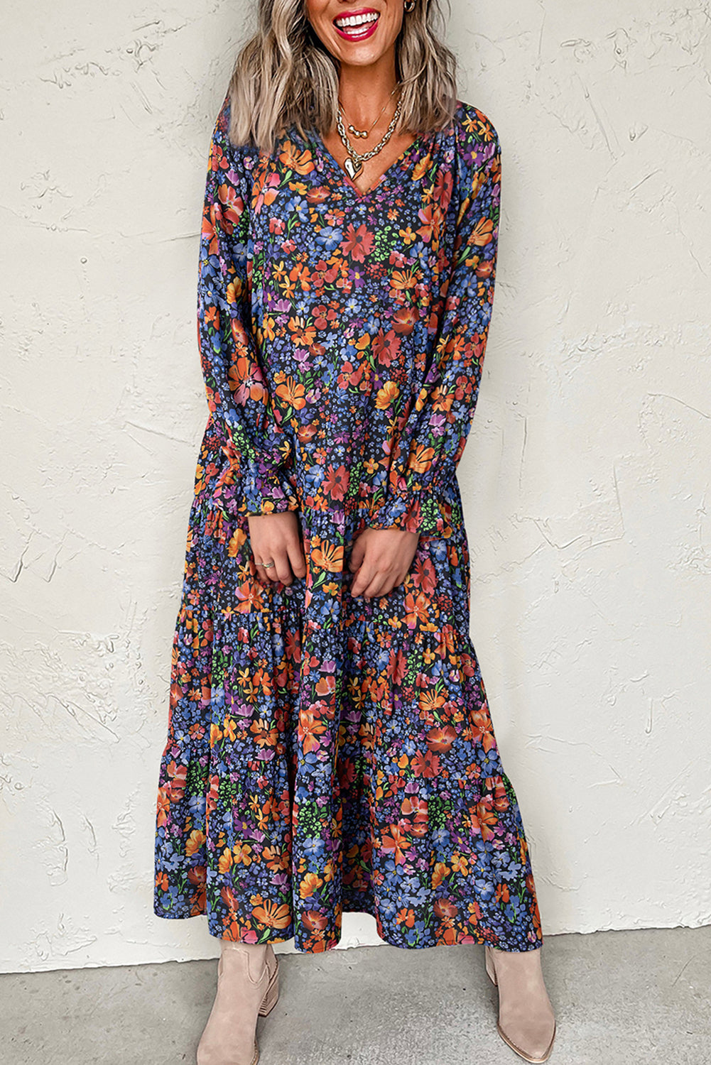 Blue Floral Print V Neck Long Sleeve Flowy Maxi Dress