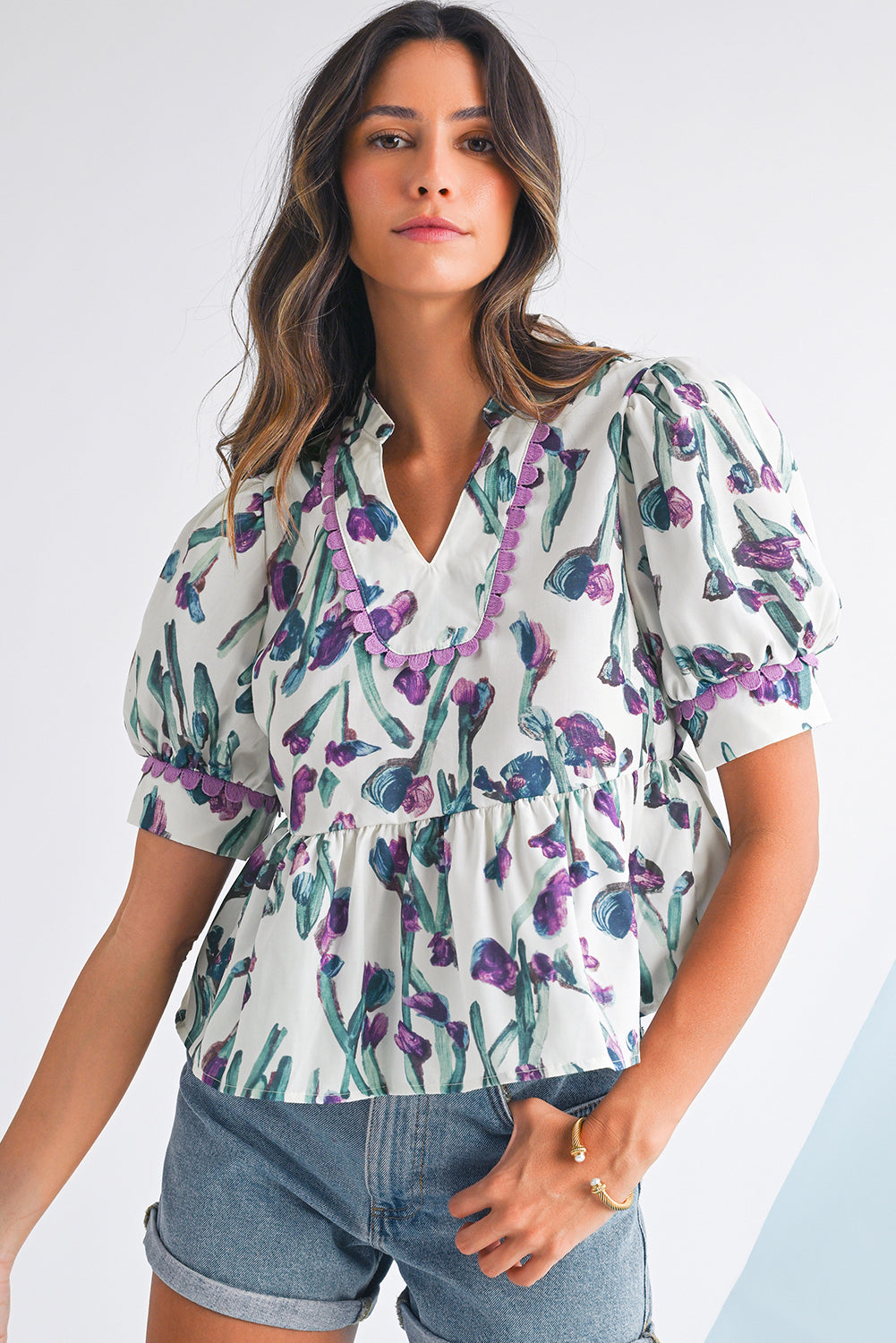 Purple Floral Ricrac Trim Puff Sleeve Peplum Blouse