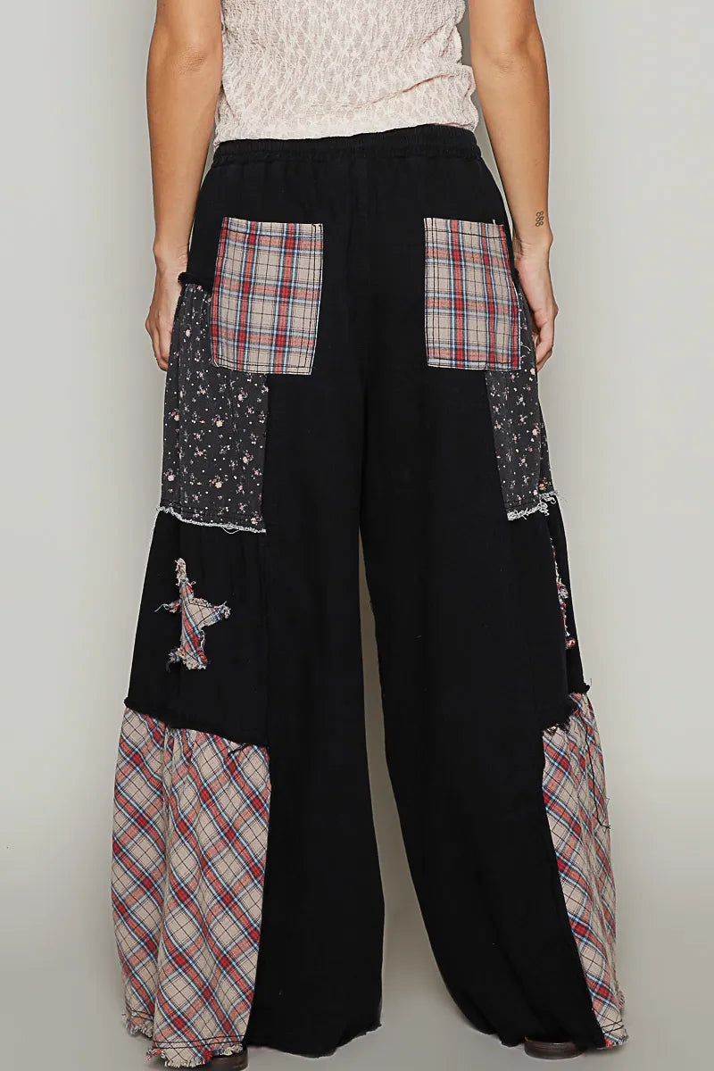 Drawstring Star Patch Contrast Wide Leg Pants