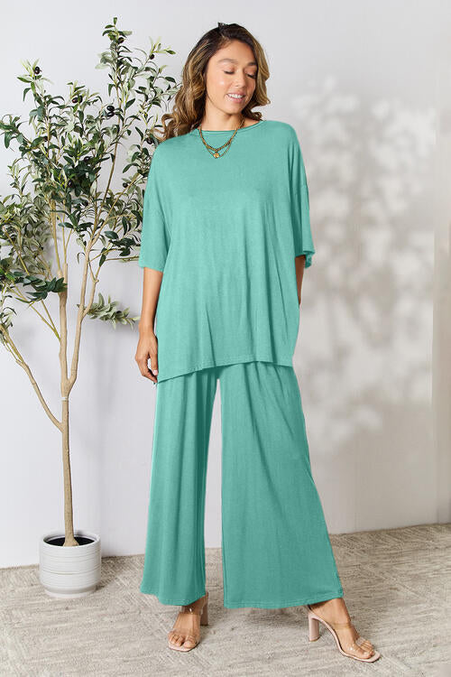 Double Take Full Size Round Neck Slit Top and Pants Set-6