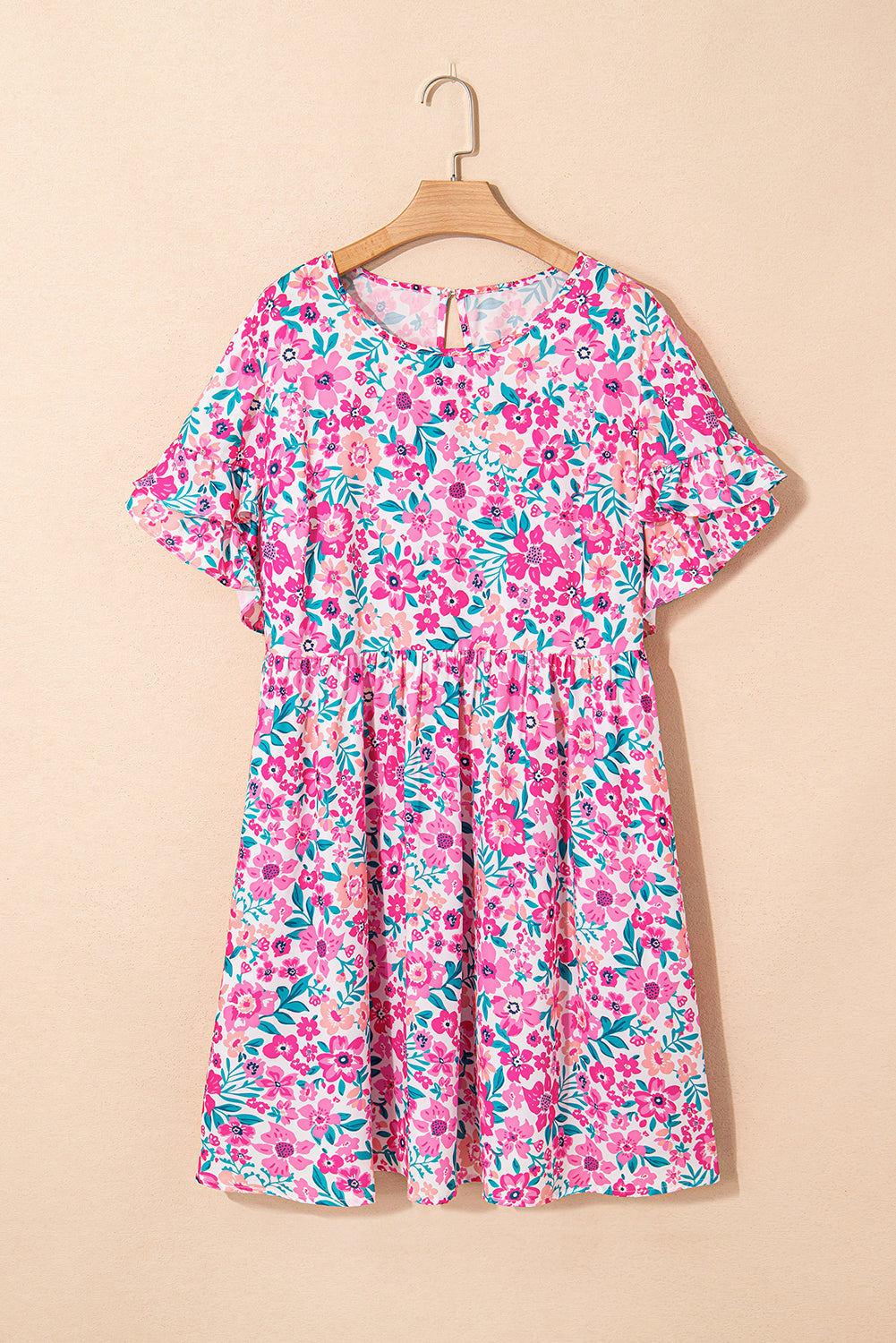 White Plus Size Floral Print Ruffle Short Sleeve Flare Dress