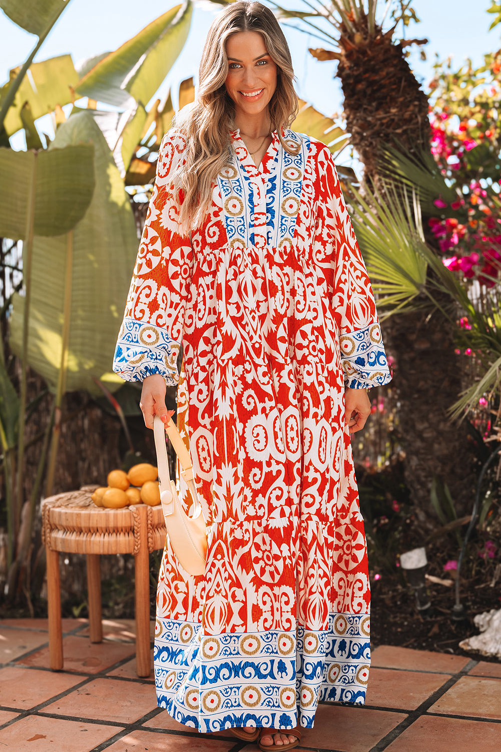 Lenora Boho Geometric Printed Long Sleeve Maxi Dress-0