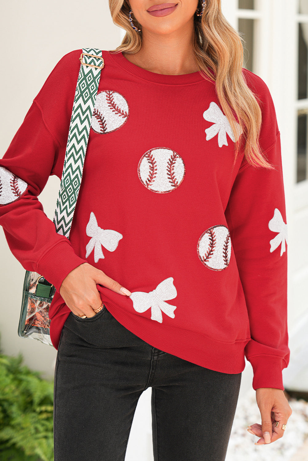 Red Sequin Bow and Baseball Graphic Game Day Fashion Sweatshirt