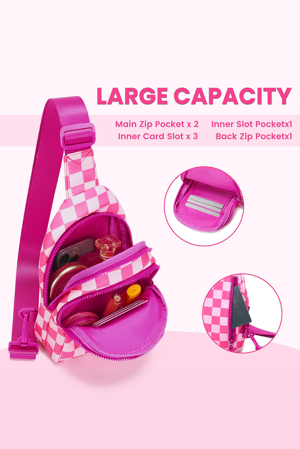 Rose Red Checkered Print Zip Front Crossbody Bag