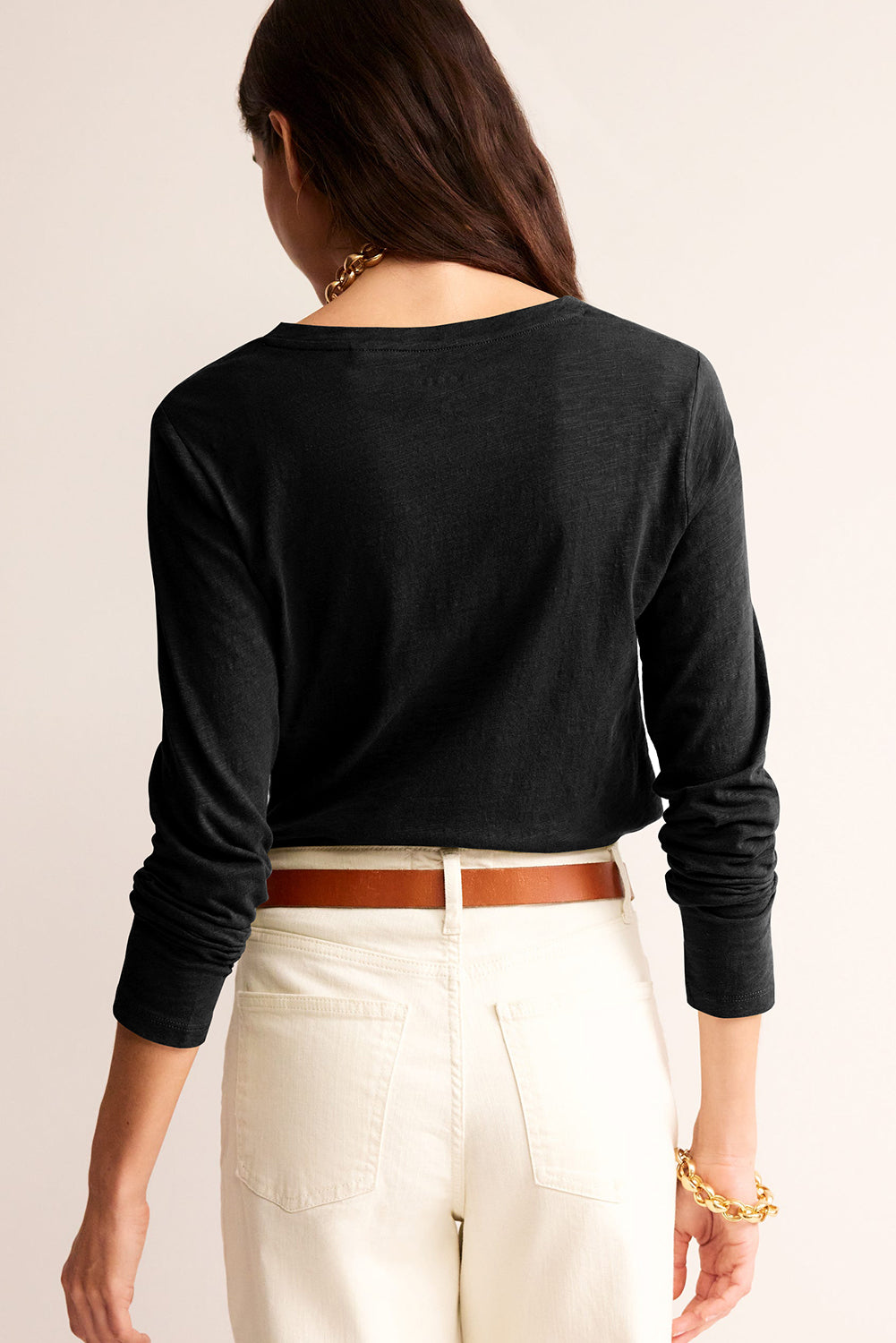 Black Plain V Neck Long Sleeve Top