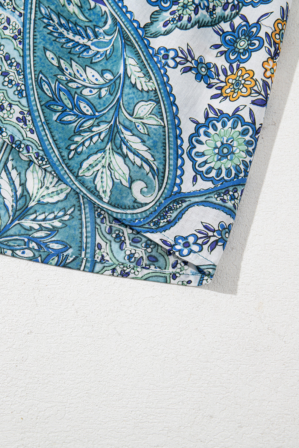 Blue Bohemian Paisley Floral V Neck Puff Sleeve Mini Dress