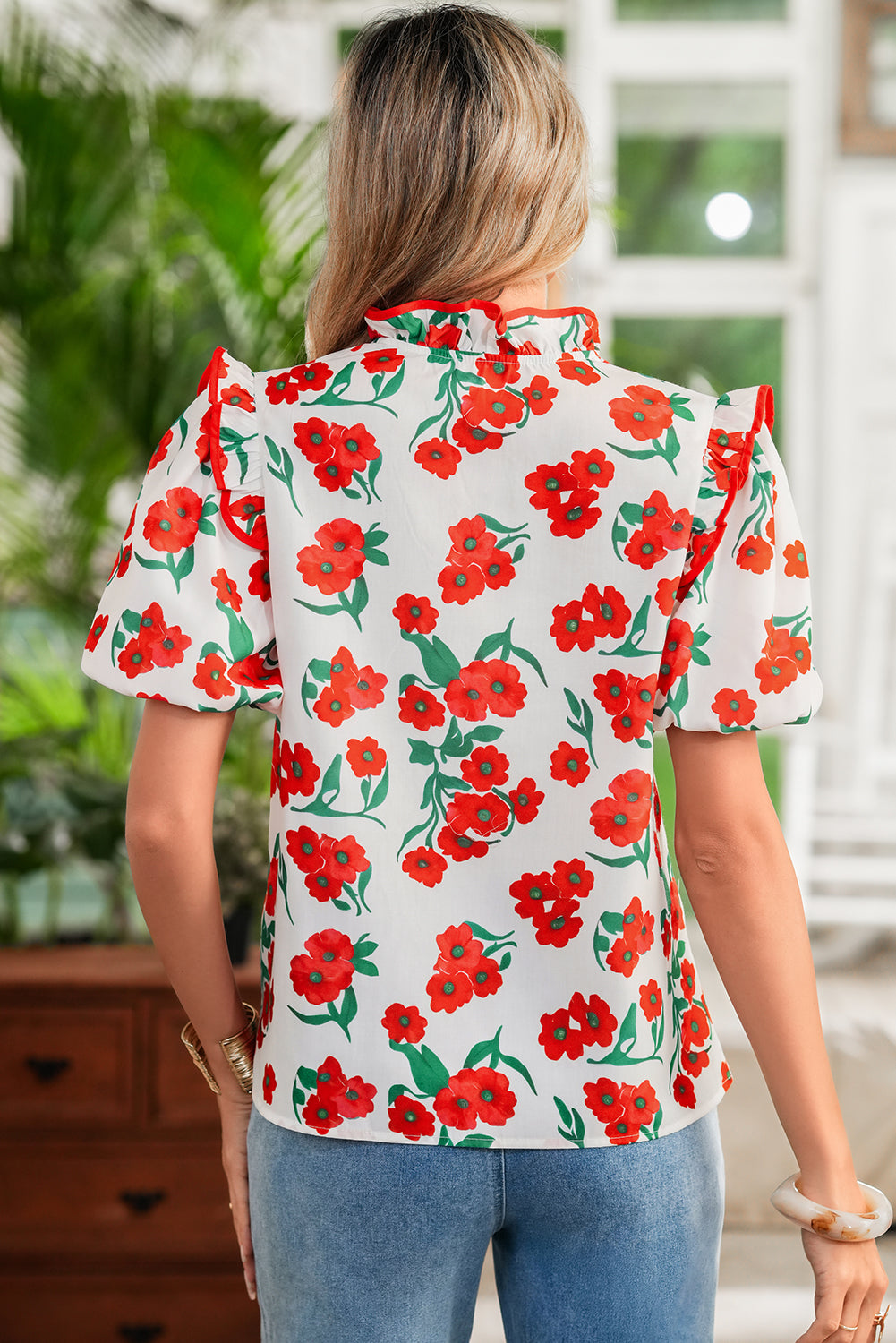 Red Floral Print Ruffle Puff Sleeve Summer Shirt