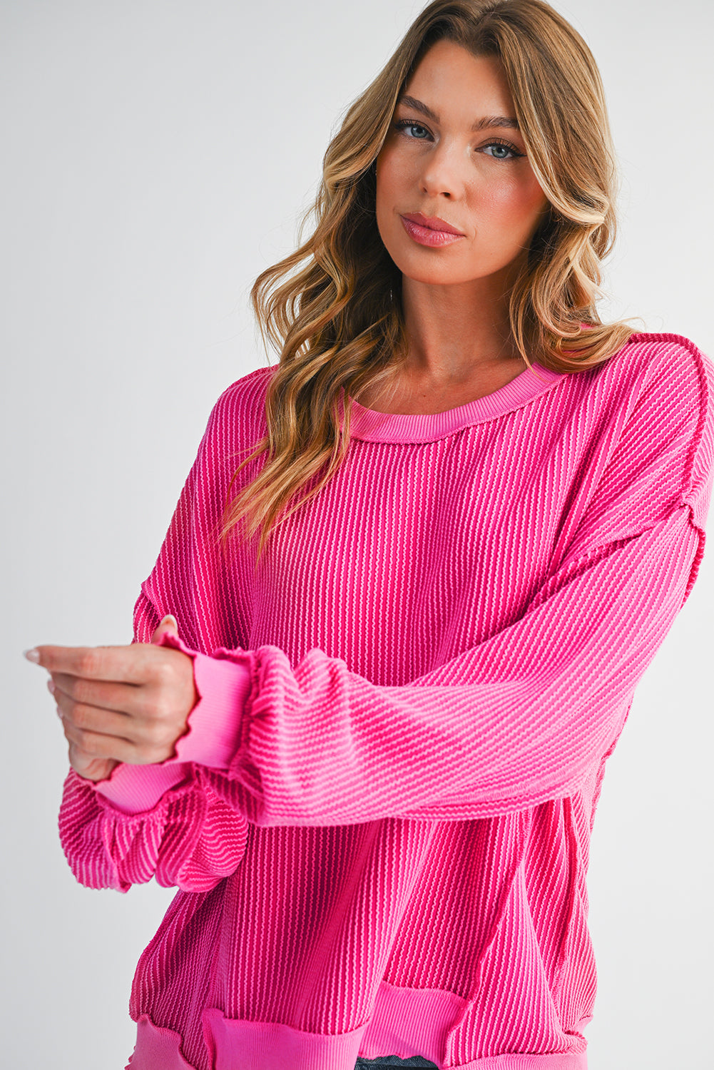 Strawberry Pink Twisted Ribbed Seamed Patchwork Long Sleeve Top